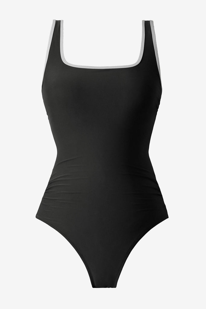 Black one-piece swimsuit with white piping