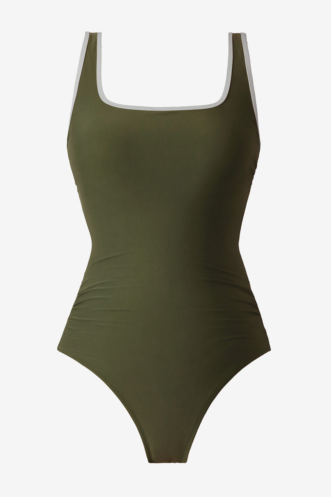 Green one-piece swimsuit with white piping