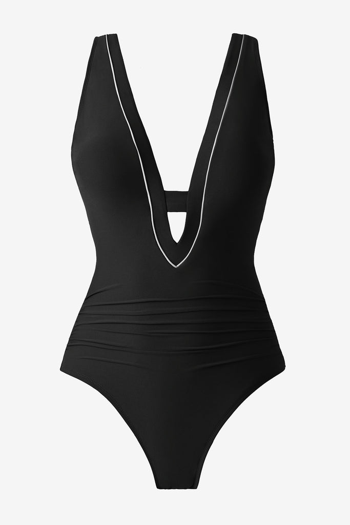 Black one-piece swimsuit with a deep v-neckline