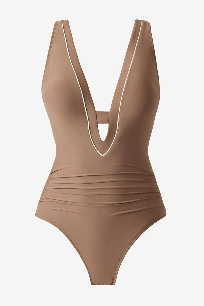 Brown one-piece swimsuit with a deep v-neckline
