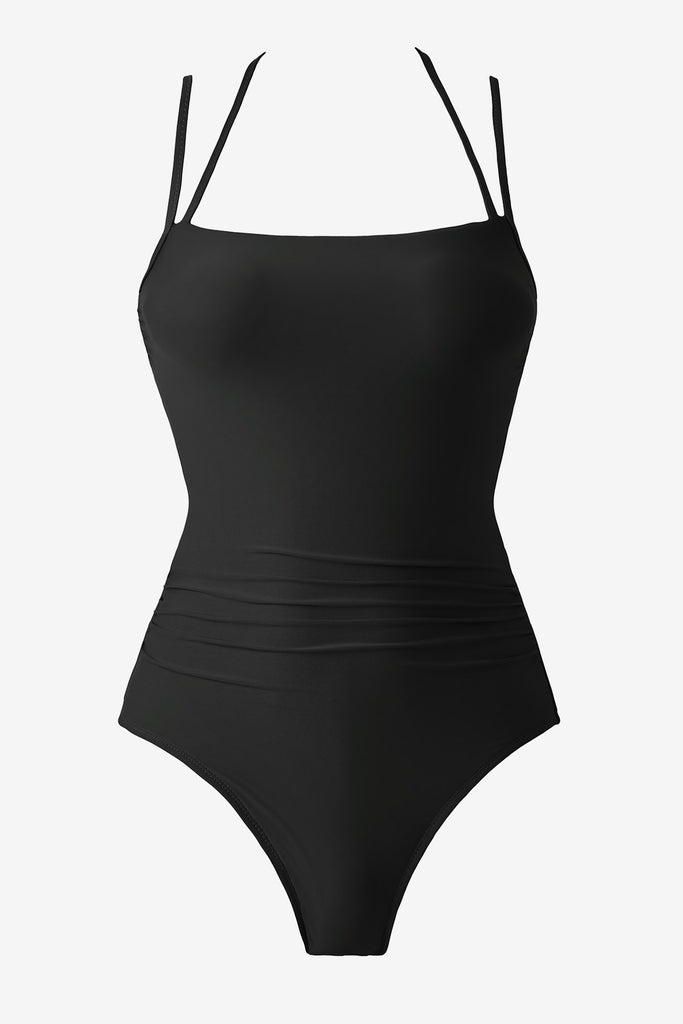 Black one-piece swimsuit with double straps