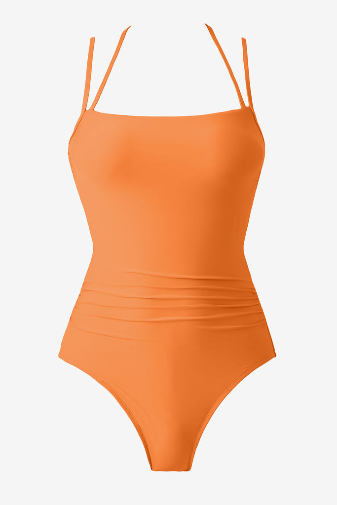 Bright orange one-piece swimsuit with double straps