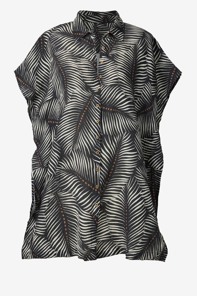 Oversized swim shirt cover up with a black and white leaf print