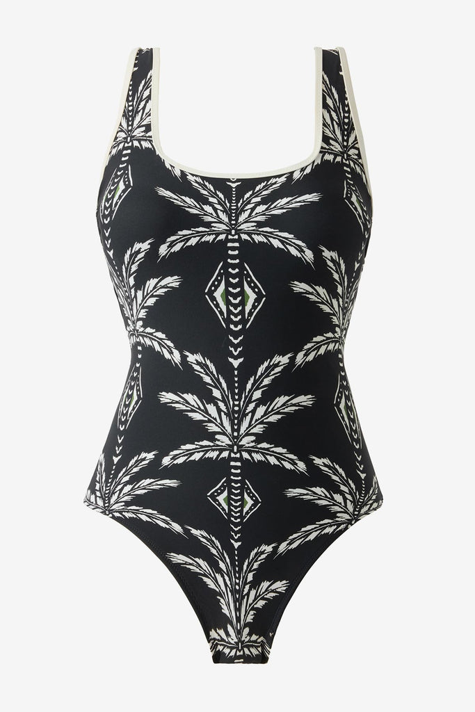 Black and white printed one-piece swimsuit with white piping