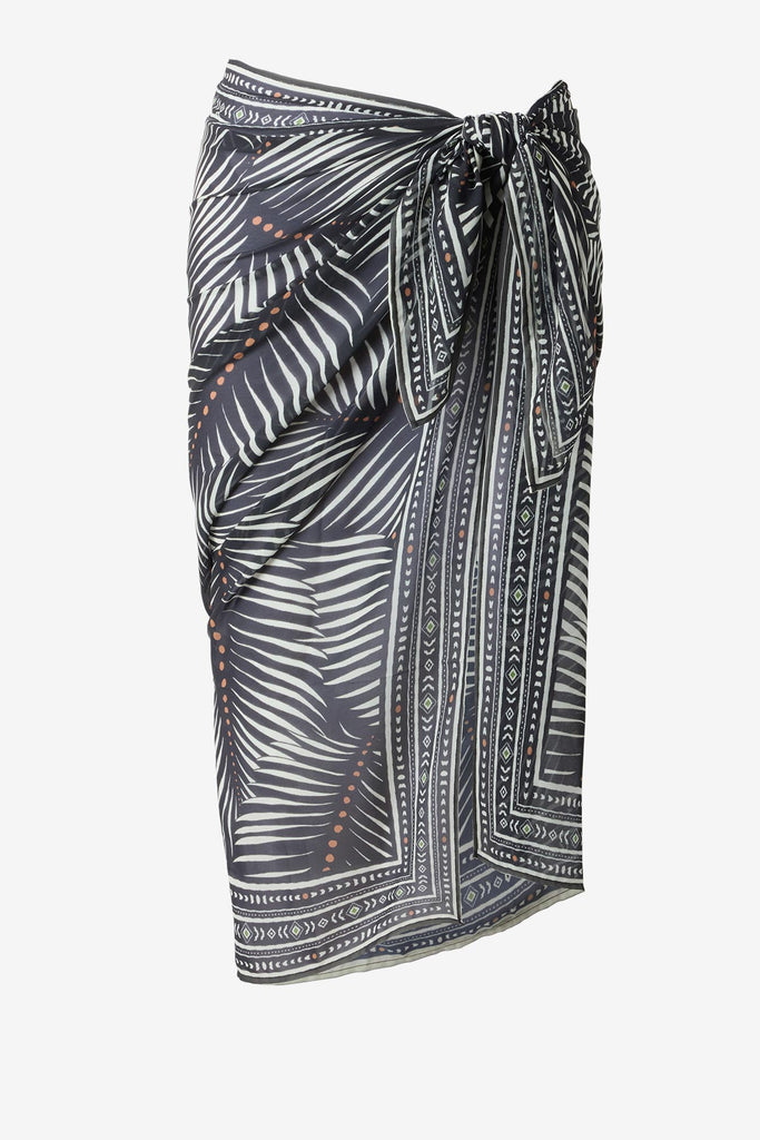 Swim cover up with a black and white palm leaf print