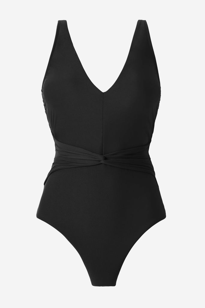 Black v-neck one-piece swimsuit