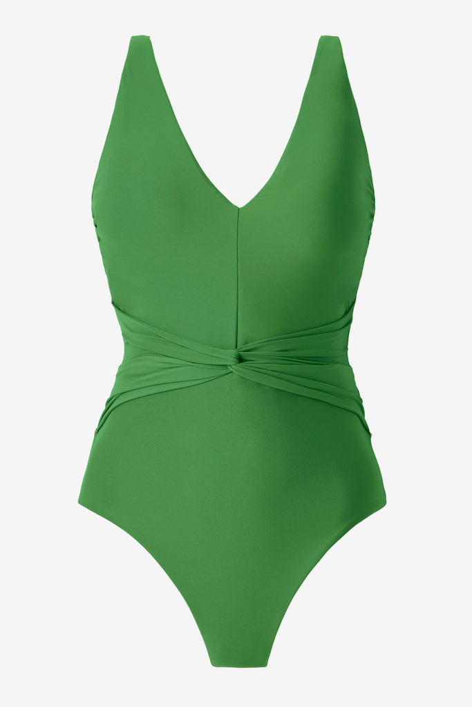 Green v-neck one-piece swimsuit