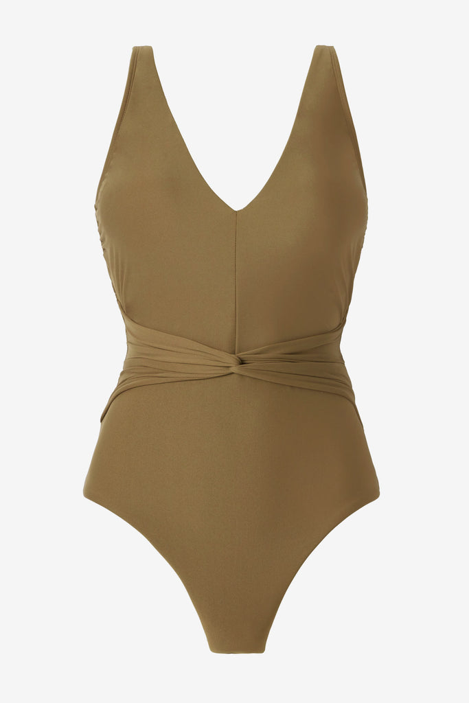 Light brown v-neck one-piece swimsuit