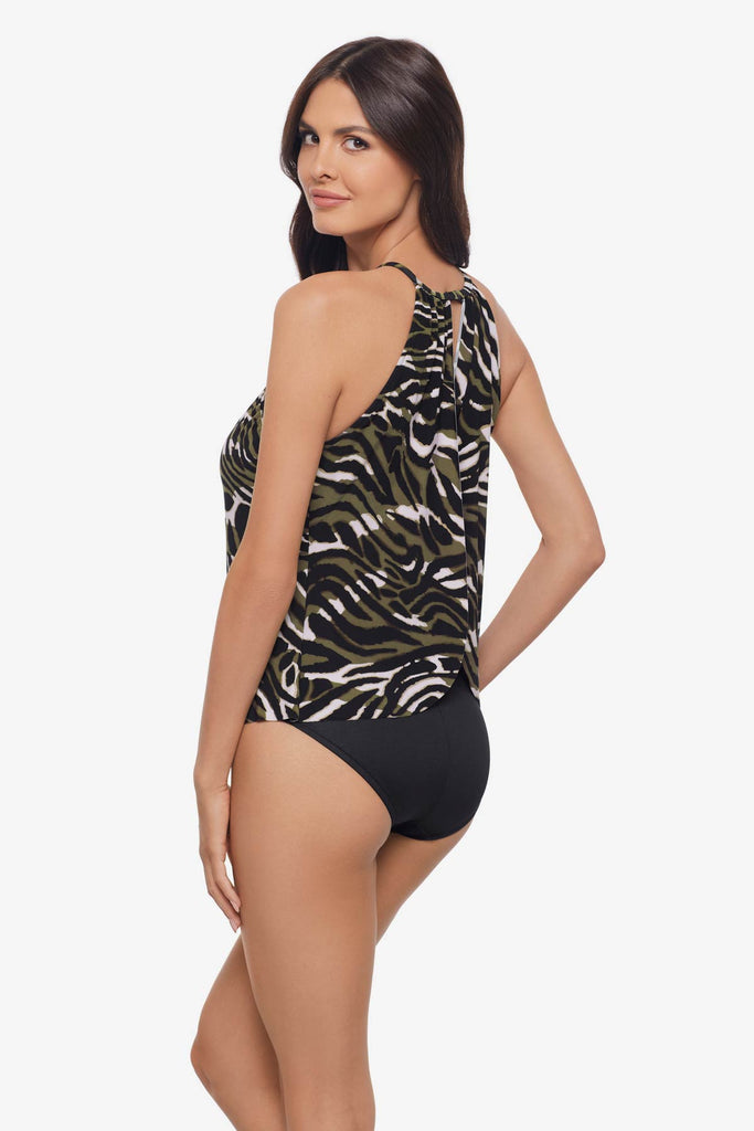 Woman turned left wearing a multicolored animal print one-piece swimsuit