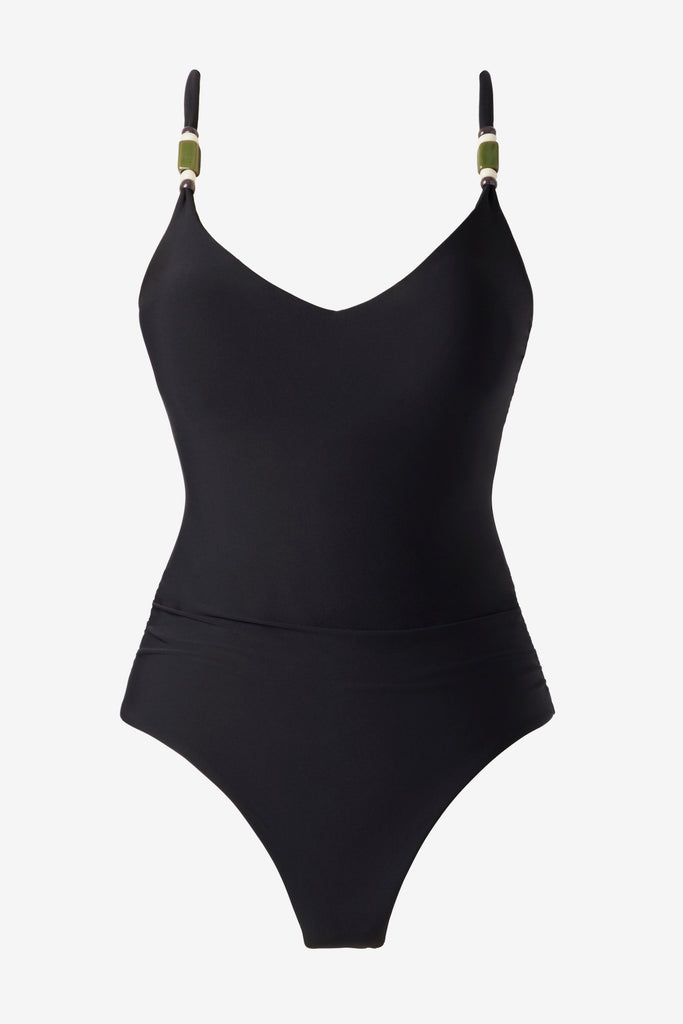 Black one-piece swimsuit with beads on the straps