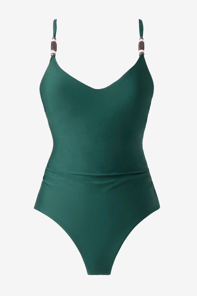 Dark green one-piece swimsuit with beads on straps