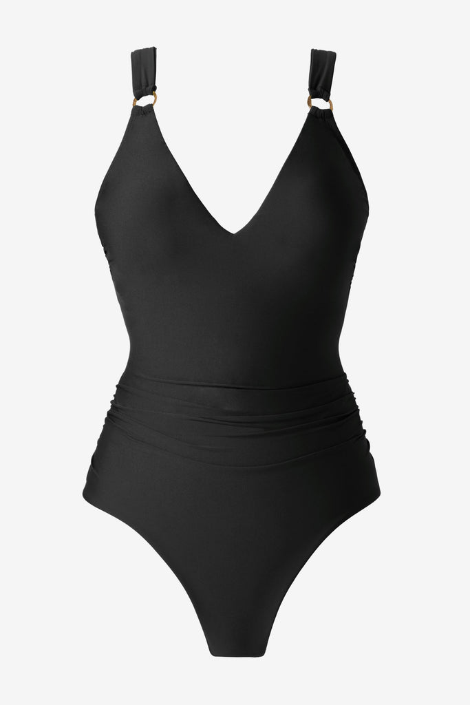 Black one-piece swimsuit with O rings on the straps