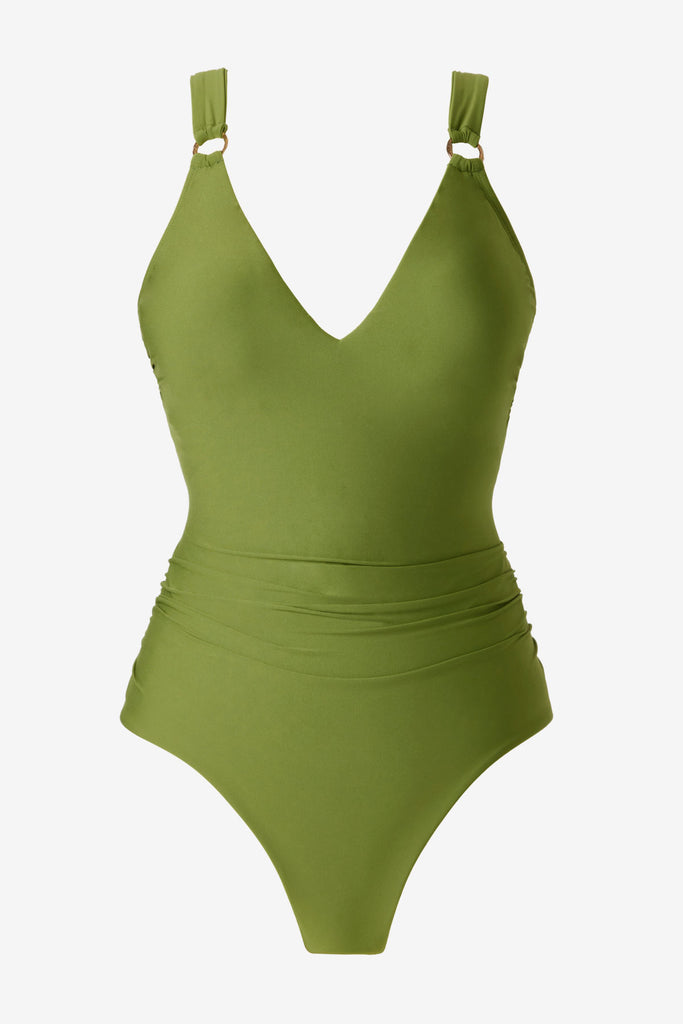 Green one-piece swimsuit with O rings on the straps