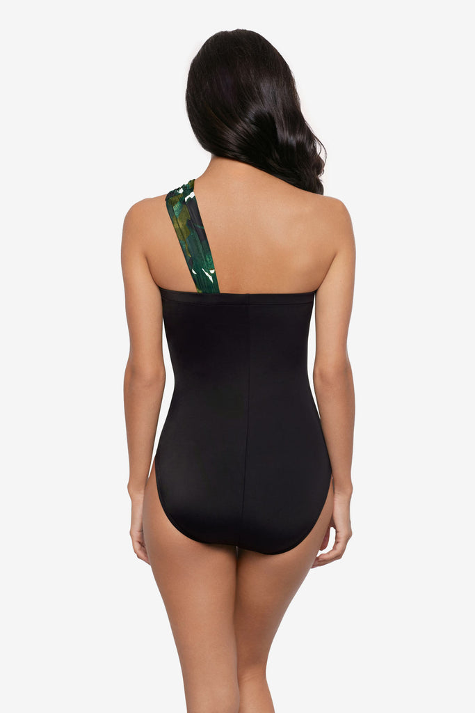 Woman turned away wearing a one-piece swimsuit 