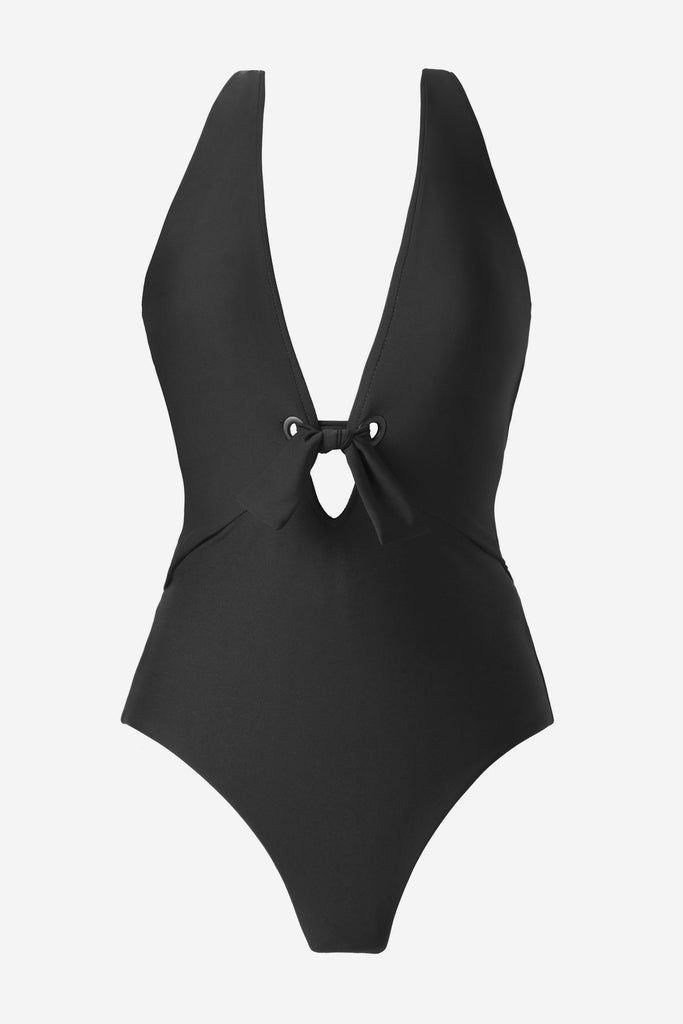 Black one-piece swimsuit with a deep V neck