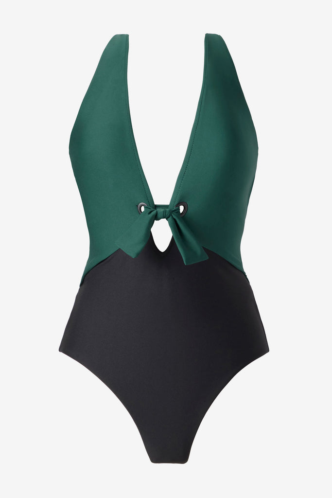 Green and black one-piece swimsuit with a deep V neck