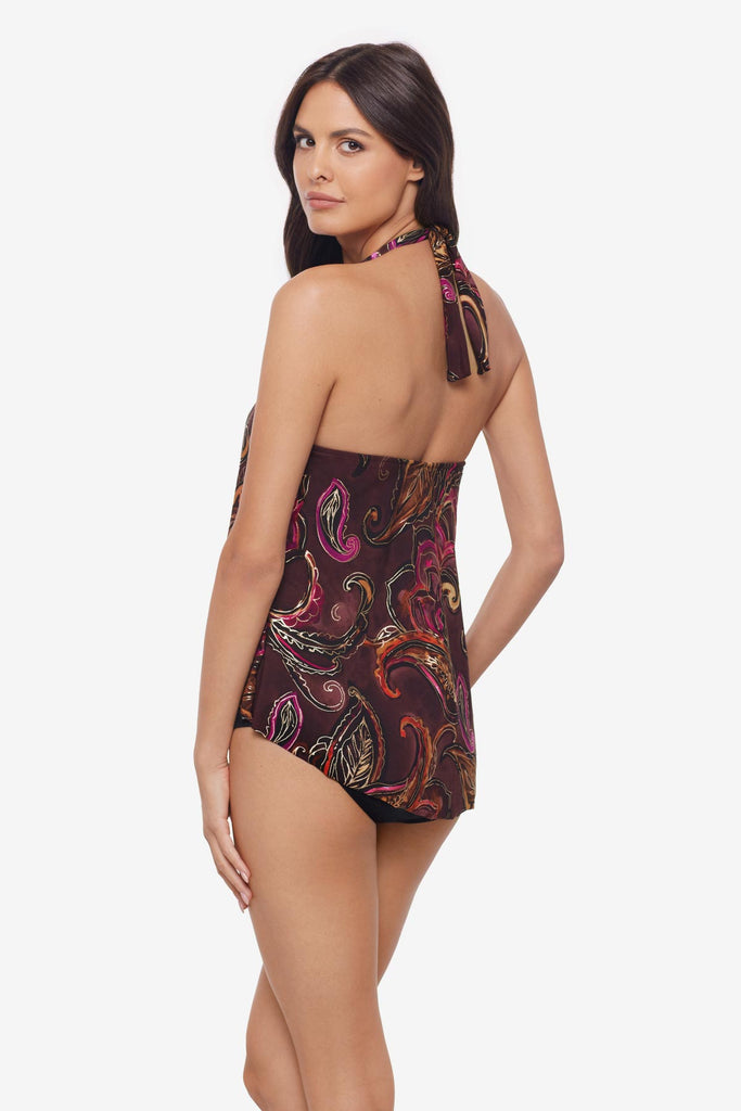 Woman turned left wearing a multicolored paisley printed tankini top