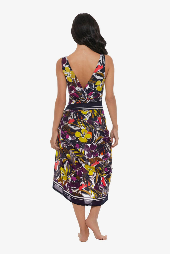 Woman turned away wearing a multicolored floral print cover up