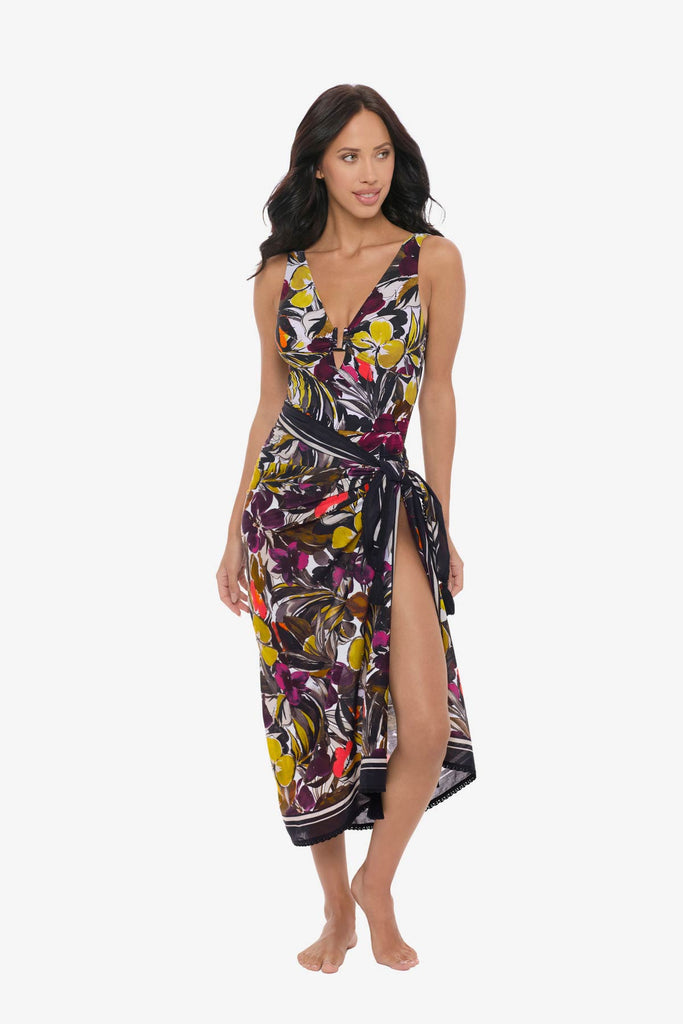 Woman wearing a multicolored floral print cover up