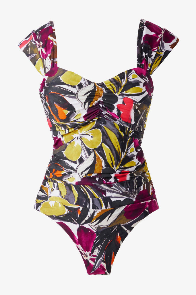 One-piece swimsuit with a multicolored floral print