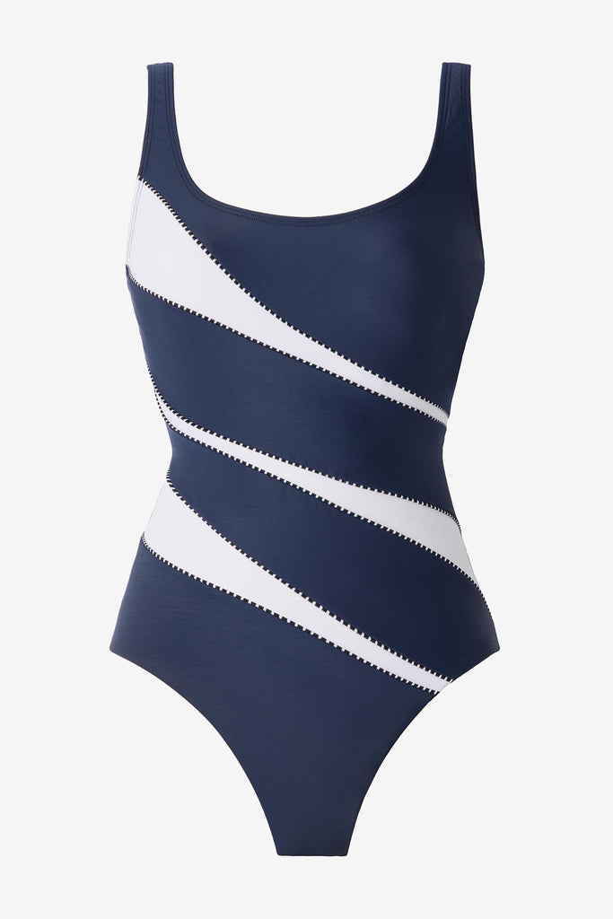 One-piece blue and white swimsuit