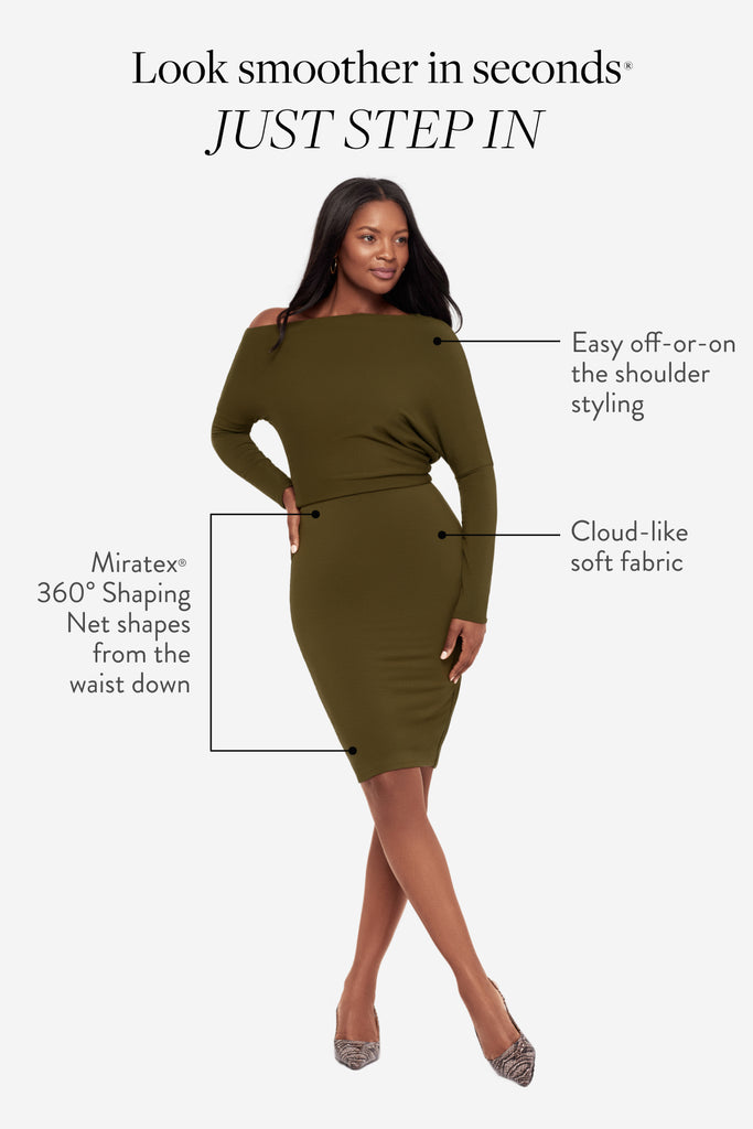 Infographic of woman highlighting the features of the green dress 