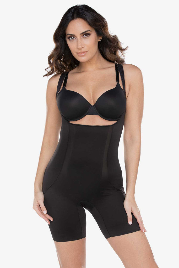 Woman wearing a miracle suit thigh slimmer.