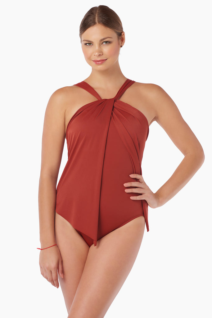 Woman in a stylish one piece swim dress.