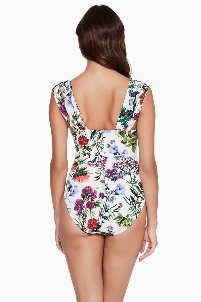 rear view of Magicsuit white floral one piece