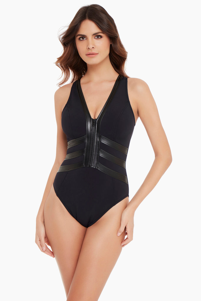 Woman in a one piece swim dress.