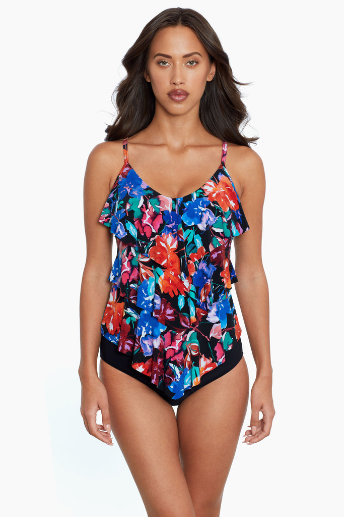 Woman wearing a tankini top.
