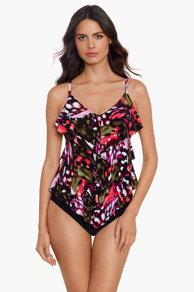 Woman in a printed tankini top.