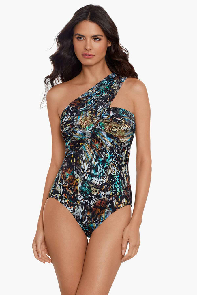 Woman wearing a magic suit bandeau swim suit.