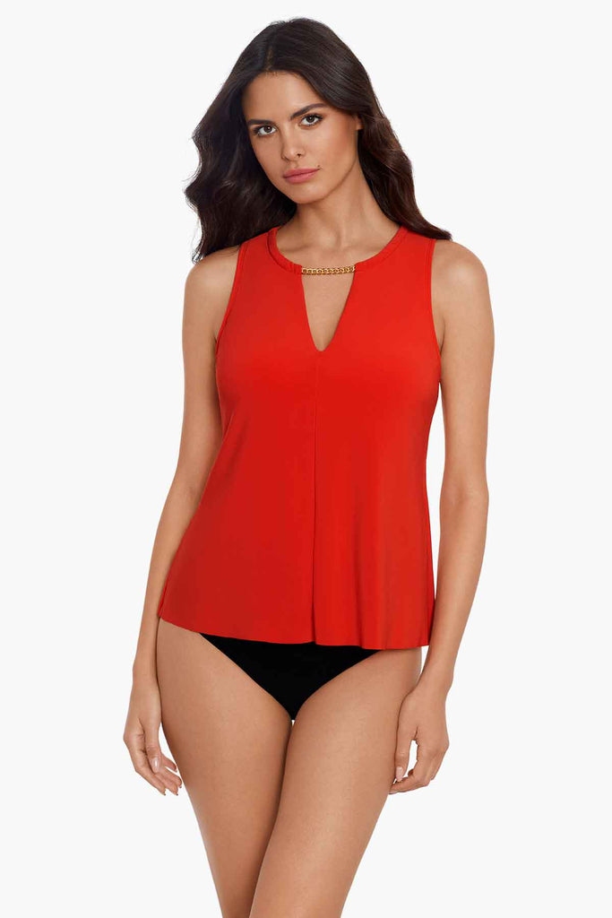 Woman in a magic suit tankini top.