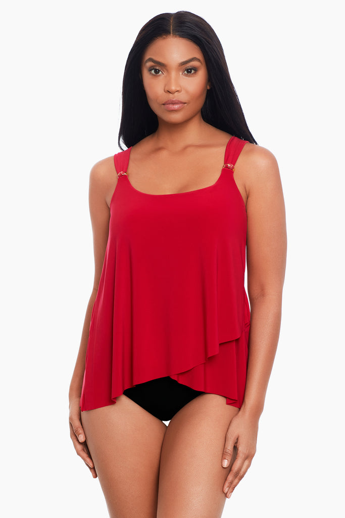 An african american woman wearing a tankini top.