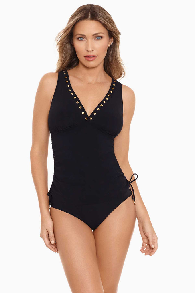 Woman in a hot black tankini top.