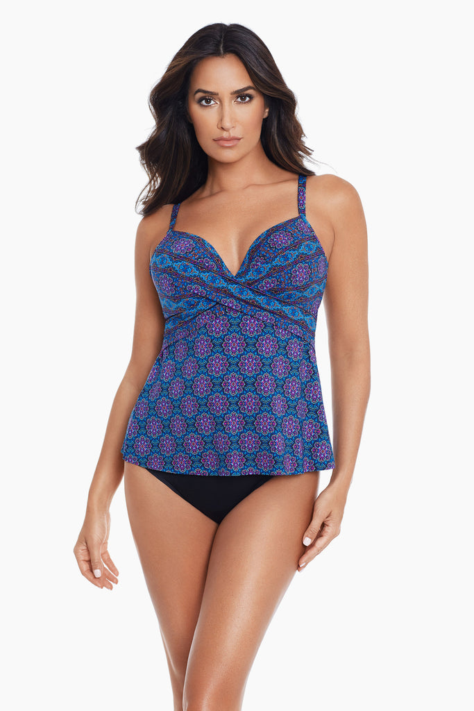 Woman in a printed tankini top.