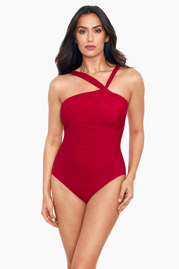 Woman wearing a underwire one piece swim suit.