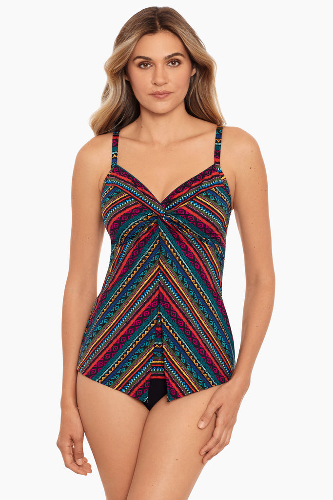 Woman in a miracle suit tankini top.