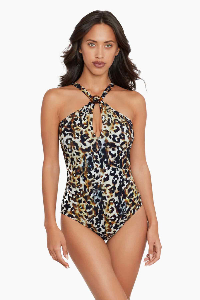 Woman in a one piece swim dress.