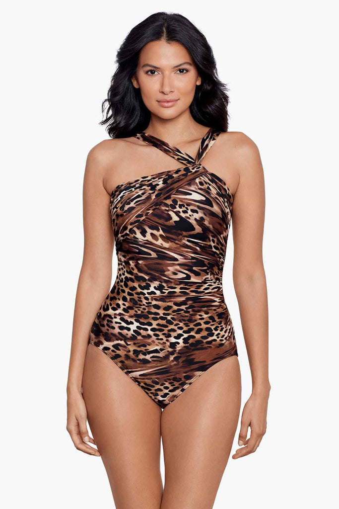 Woman in a stylish one piece swim suit.